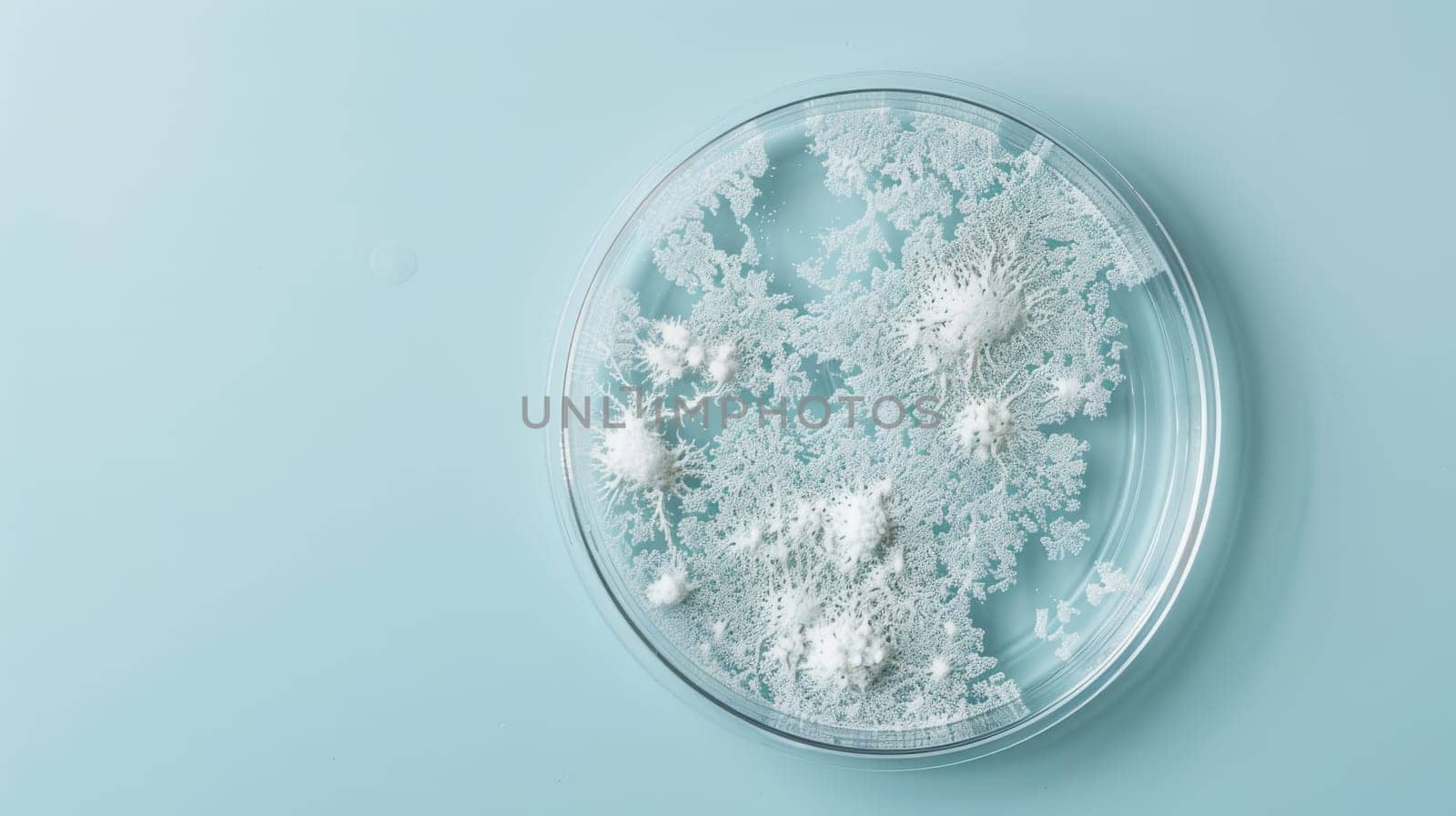 Petri dish with mold spores on blue background, scientific research concept.