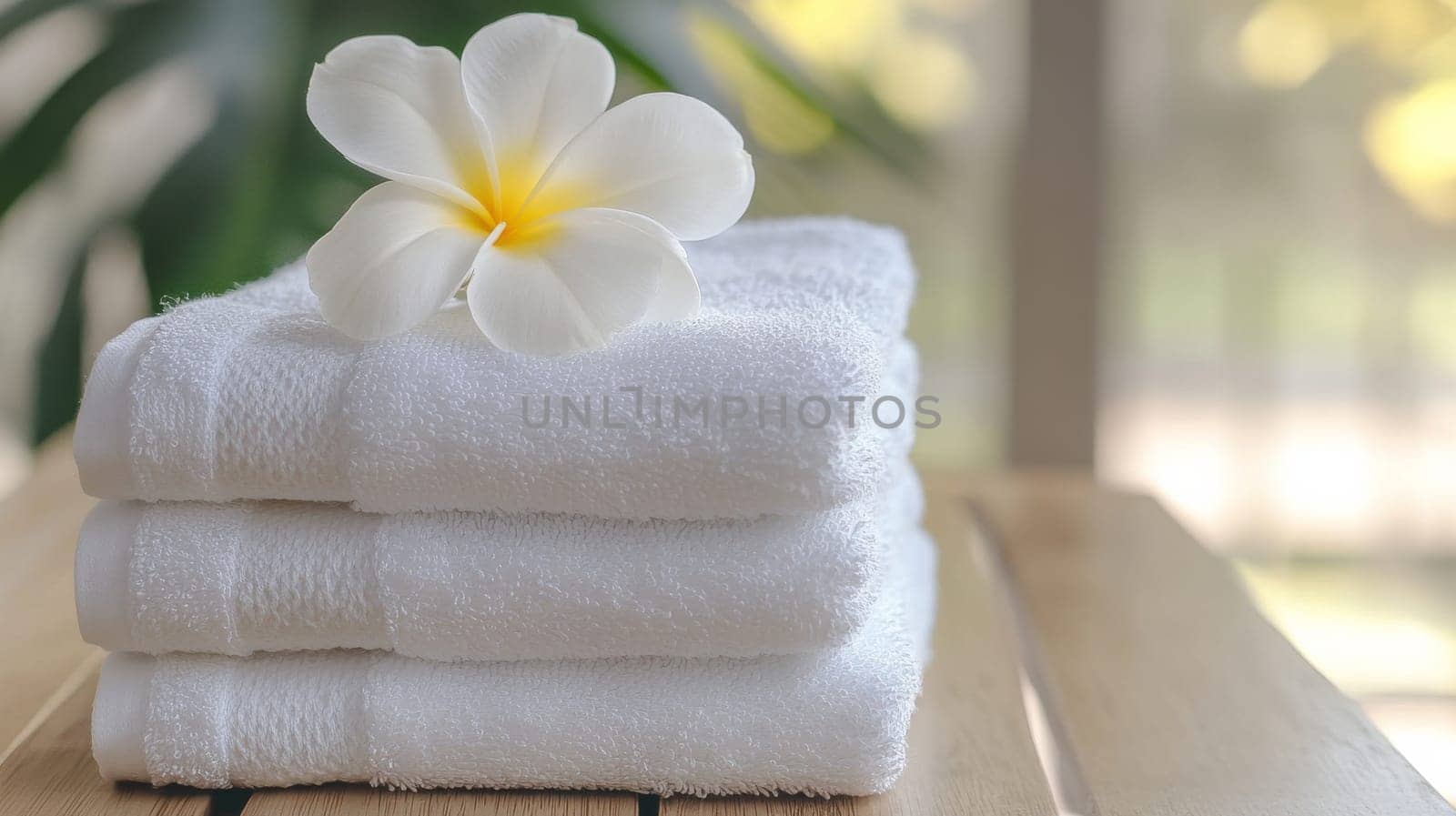 Stack of white towels with plumeria flower on wooden table, spa and relaxation concept.