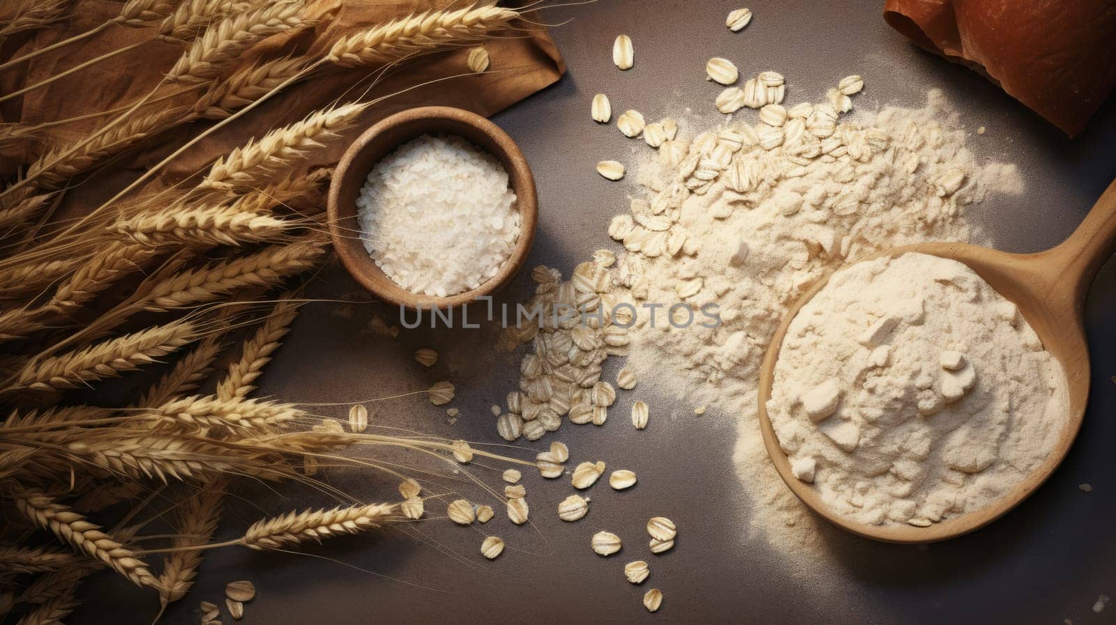 Oat wholegrain flour with oat flakes on table.