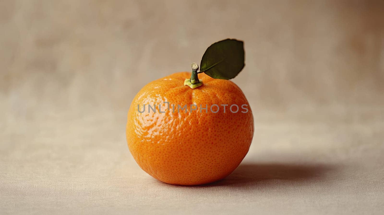 Fresh orange mandarin with leaf on neutral background, close-up. Healthy eating and organic food concept.