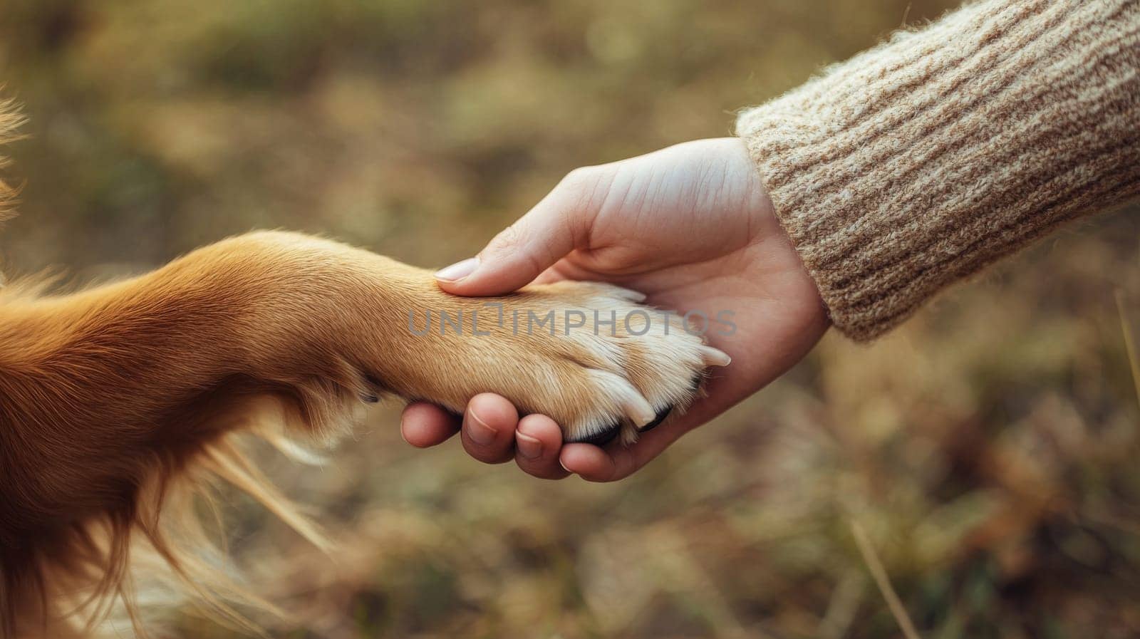 A human hand and dog paw touching in nature, symbolizing friendship and trust. Animal bond and love concept.