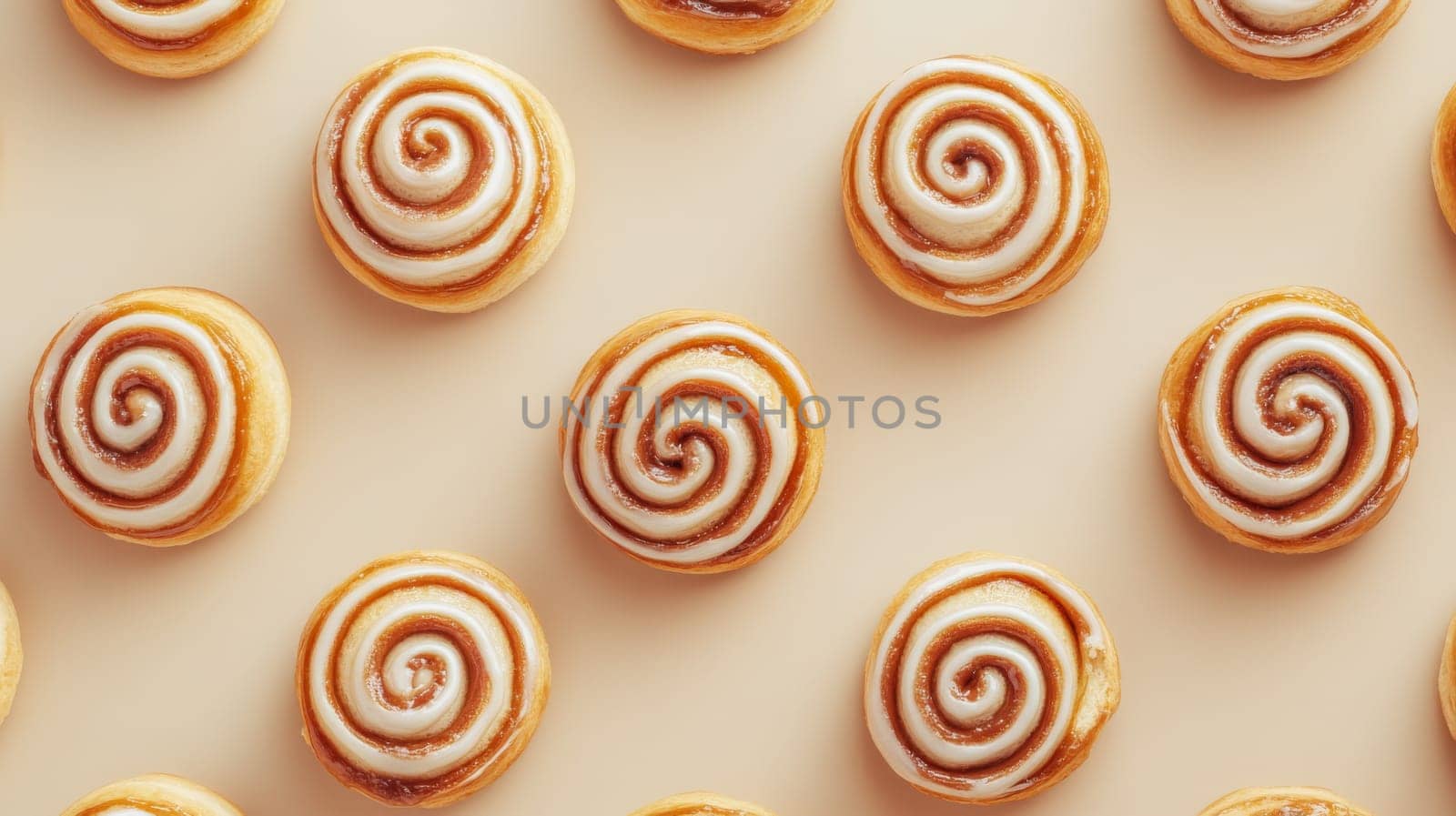 Cinnamon rolls with icing on beige background, dessert pattern. Sweet treat concept.