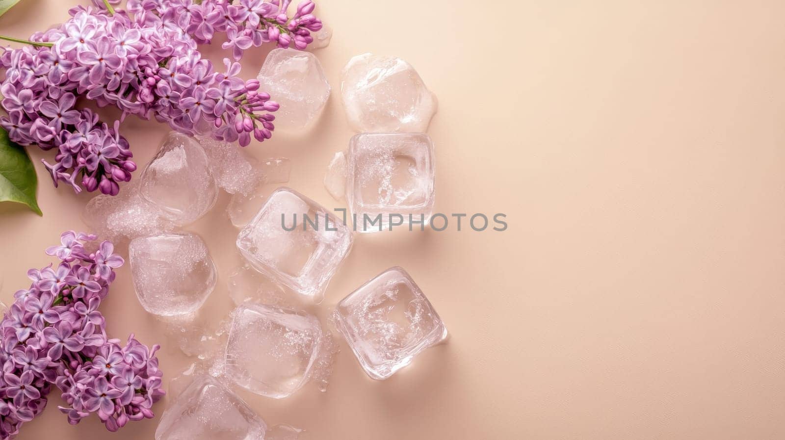 Lilac flowers and ice cubes on beige background, minimalistic composition. Refreshing summer concept.