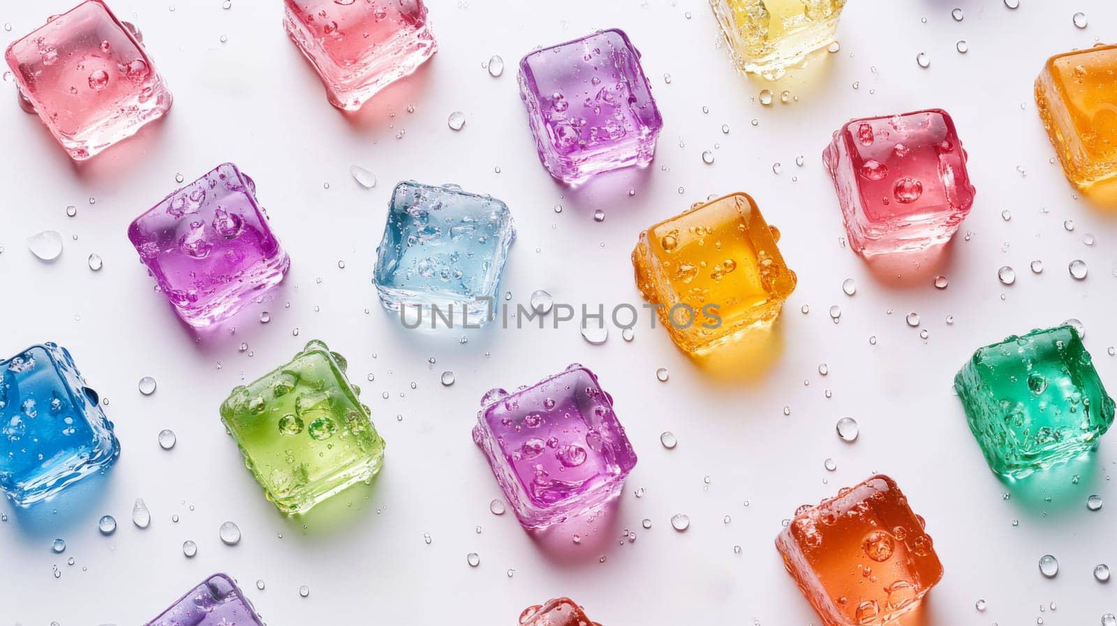 Colorful ice cubes with water drops on white background, abstract pattern. Refreshment and summer concept.
