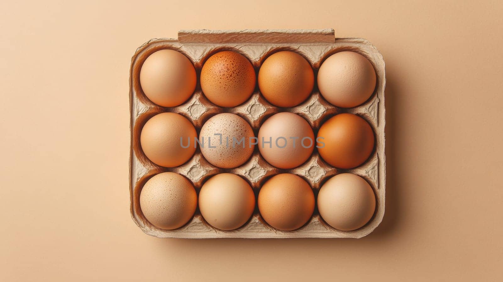 Carton of twelve eggs on a beige background, overhead view. Minimalist food concept.