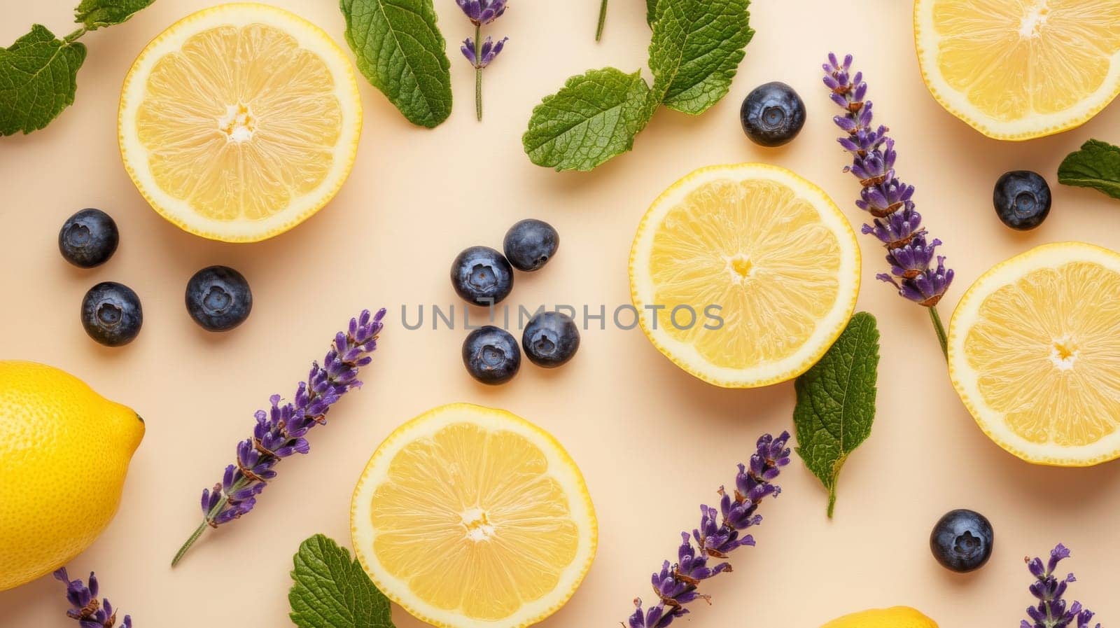 Lemon, blueberry and lavender arrangement on a beige background. Fresh and vibrant fruit and herb pattern concept.