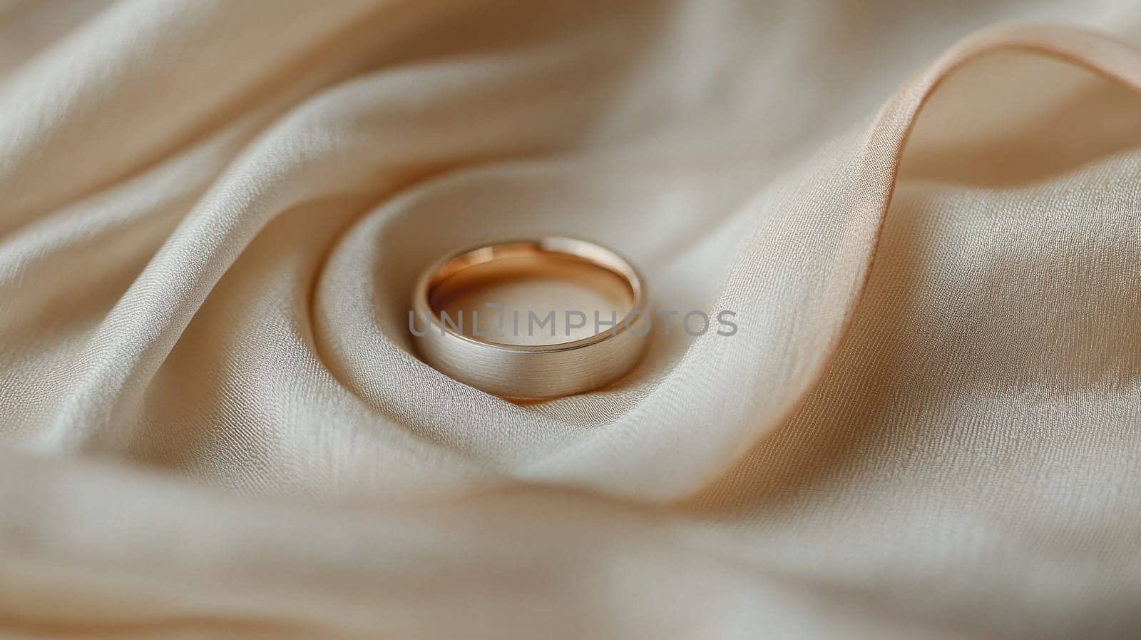 Golden wedding ring on beige silk fabric, symbol of love and commitment.
