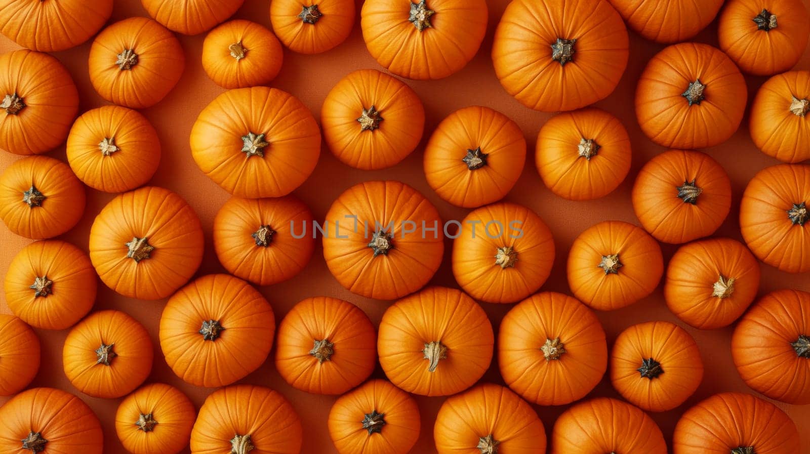 Orange pumpkins arranged in a pattern, top view. Autumn harvest and halloween concept.