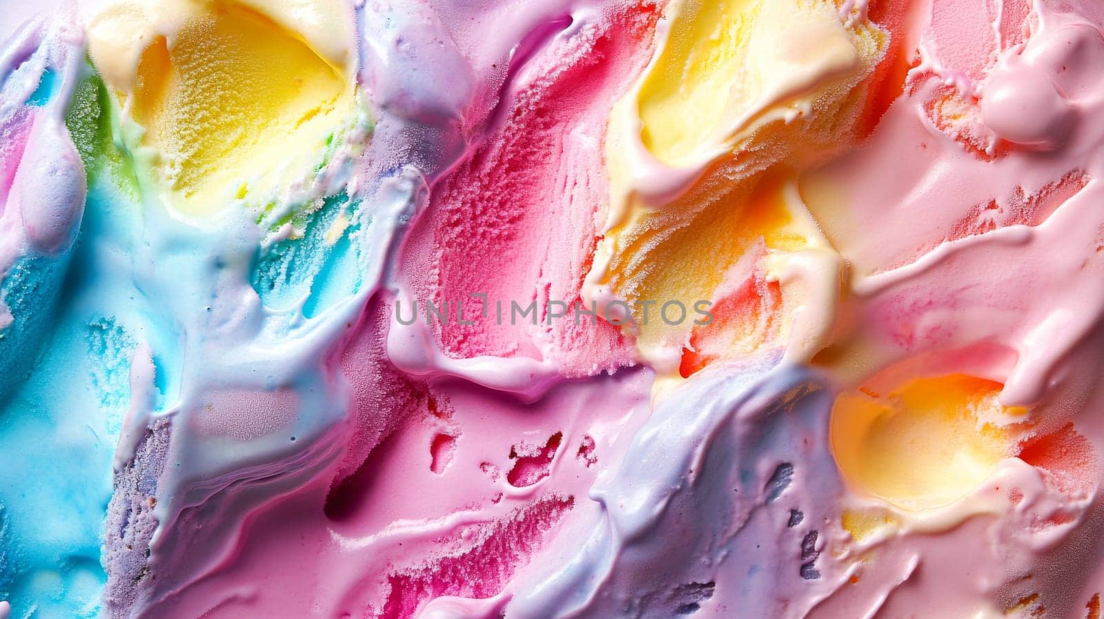 Colorful scoops of ice cream with a mix of pink, blue, yellow, and purple shades, close-up. Sweet dessert and food concept.