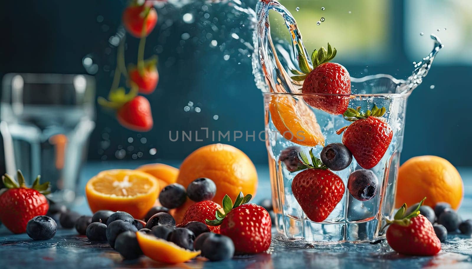 berries in water splash. Strawberries, oranges, blueberries in glass of fruit-infused water