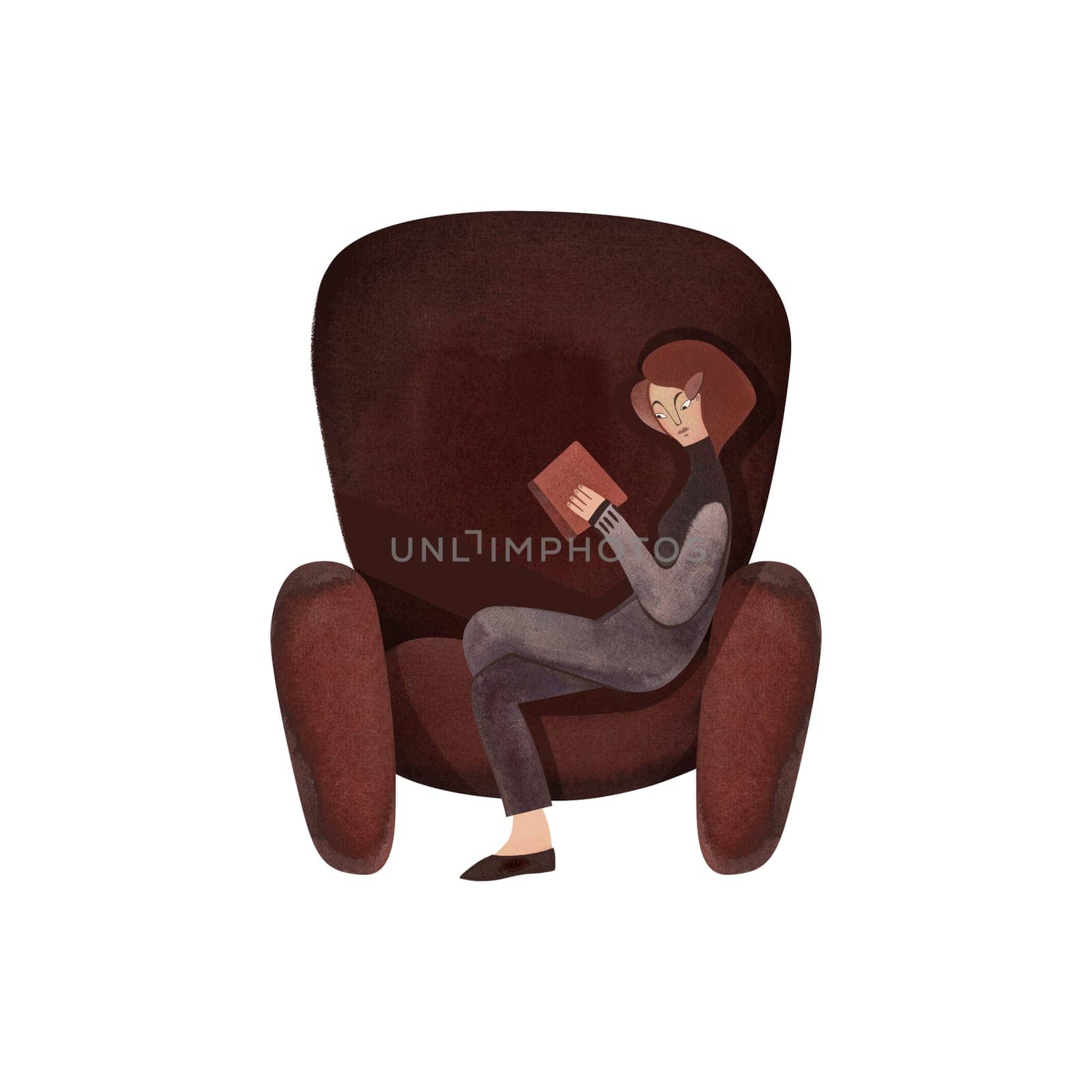 Young white girl with book in brown worn armchair. 1960s style. College or high school girl. Calm and concentrated. Character. Isolated watercolor illustration
