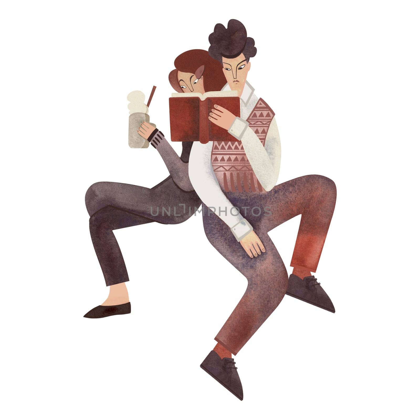 Love of reading. Young couple dressed in vintage clothes. Boy and girl. 1960s style. University students with books. Calm and concentration. Characters hugging. Love and comfort. Isolated watercolor illustration.