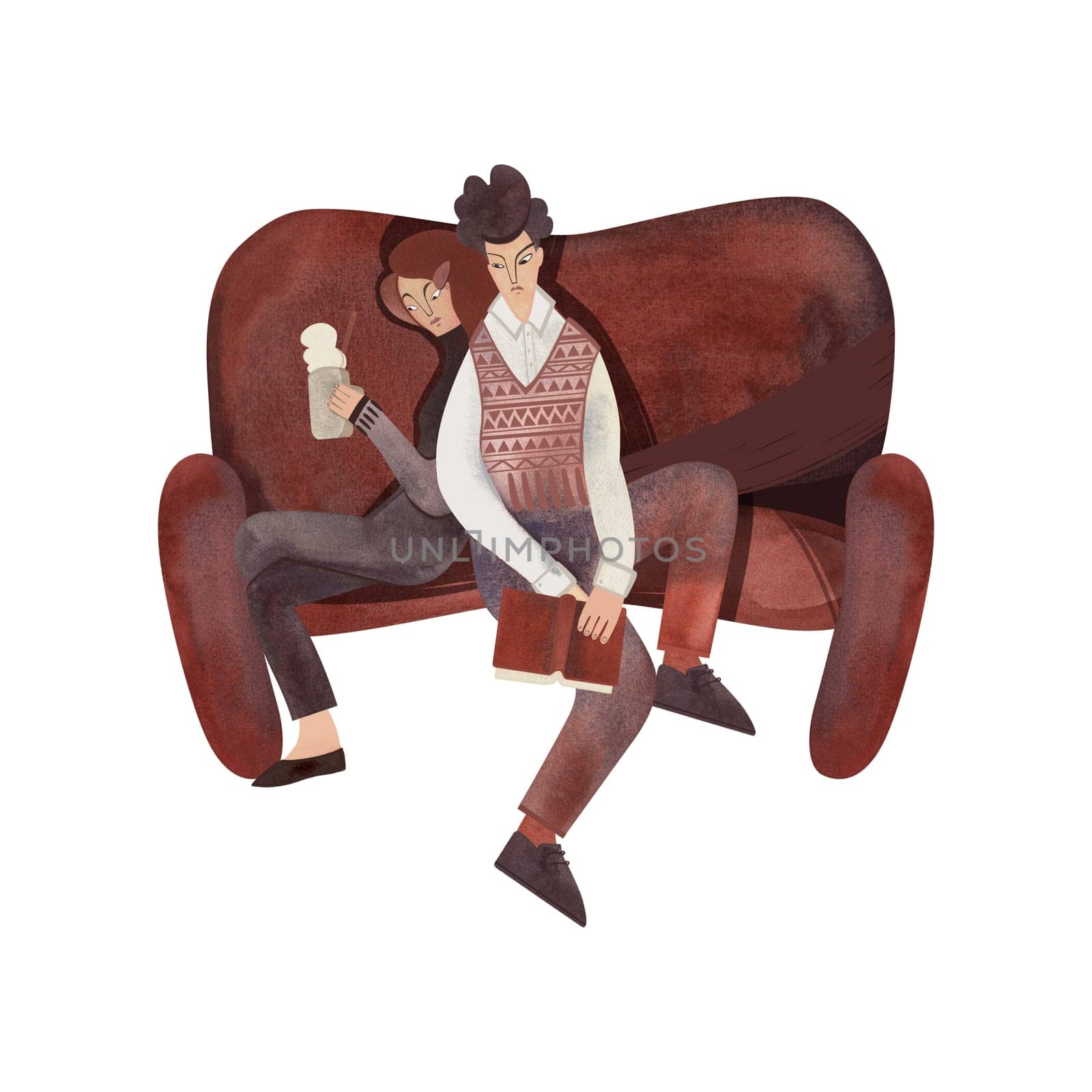 Love of reading. Young couple dressed in vintage clothes reading on brown shabby sofa. Boy and girl. 1960s style. University students with books. Calm and concentration. Characters hugging. Love and comfort. Isolated watercolor illustration