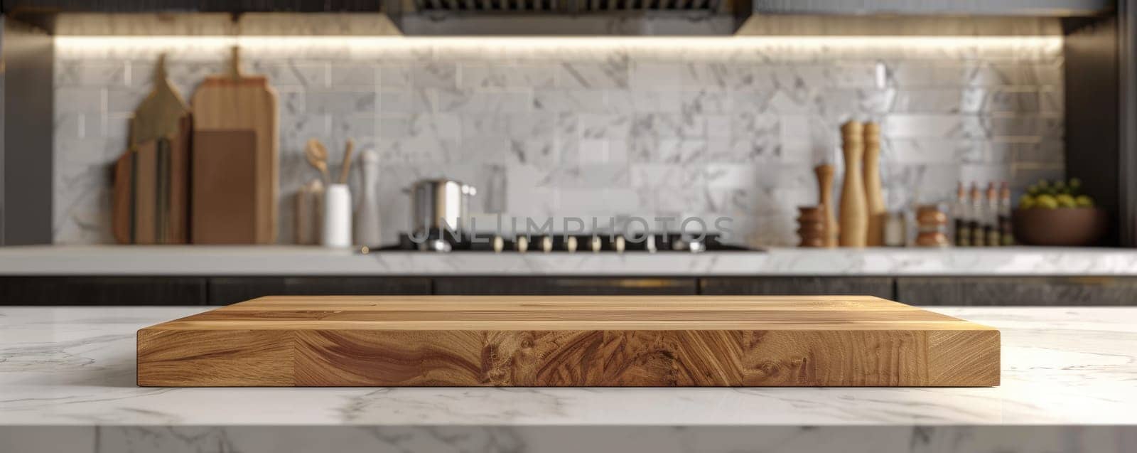 Modern kitchen with wooden podium for food presentation and culinary design.