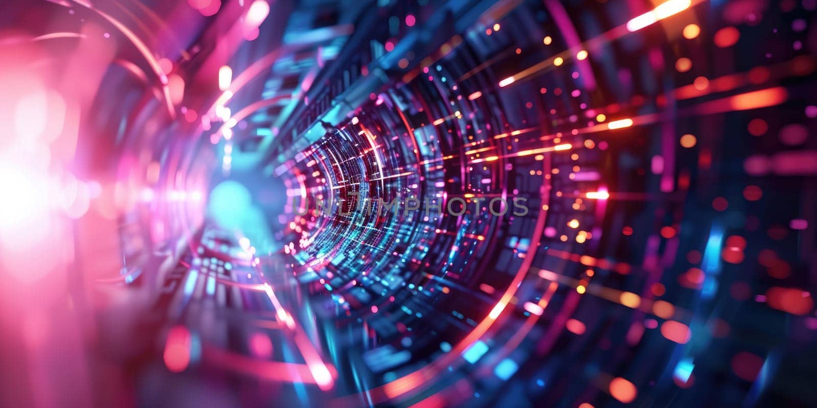 Futuristic technology abstract background with dynamic light trails and circular patterns.