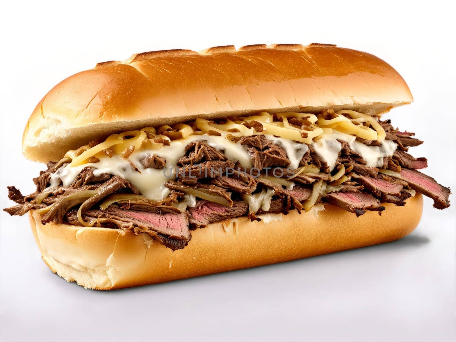 Philly Cheesesteak Thinly sliced ribeye steak sautéed onions and melted provolone cheese piled high. Food isolated on transparent background