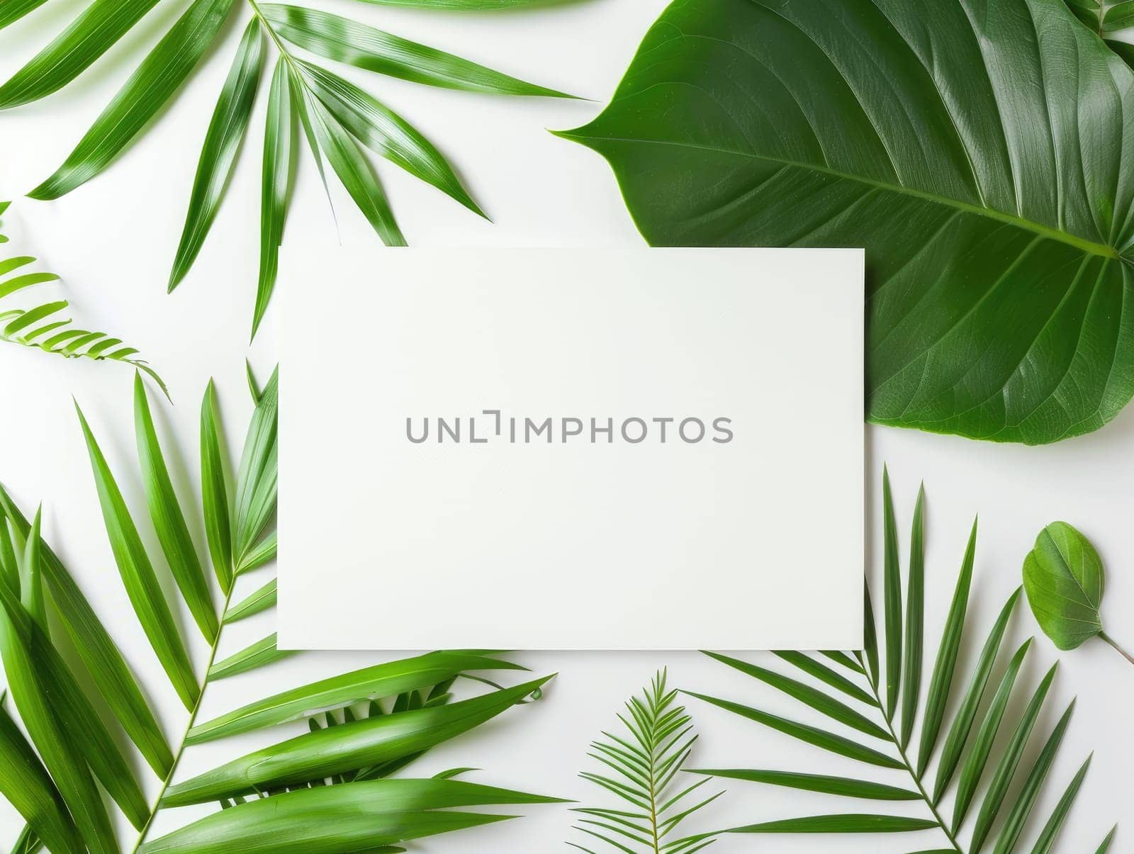 Elegant mockup card on leafy green background for birthday or wedding invitations.