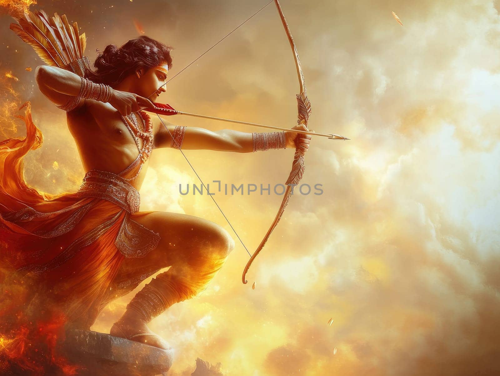 Majestic dussehra warrior in fiery battle stance with copy space for text design.