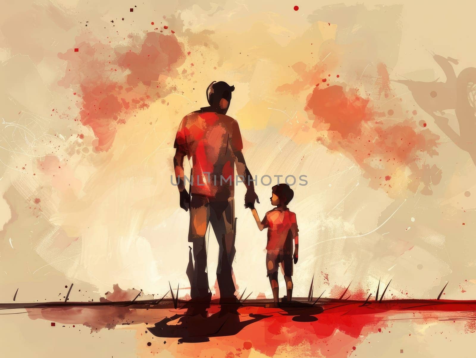 Heartfelt father-son moment with abstract art and warm colors.