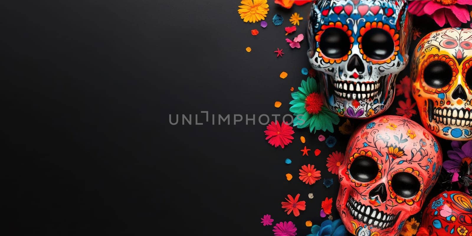 Dia de los muertos festive background with colorful sugar skulls and flowers for celebration design.