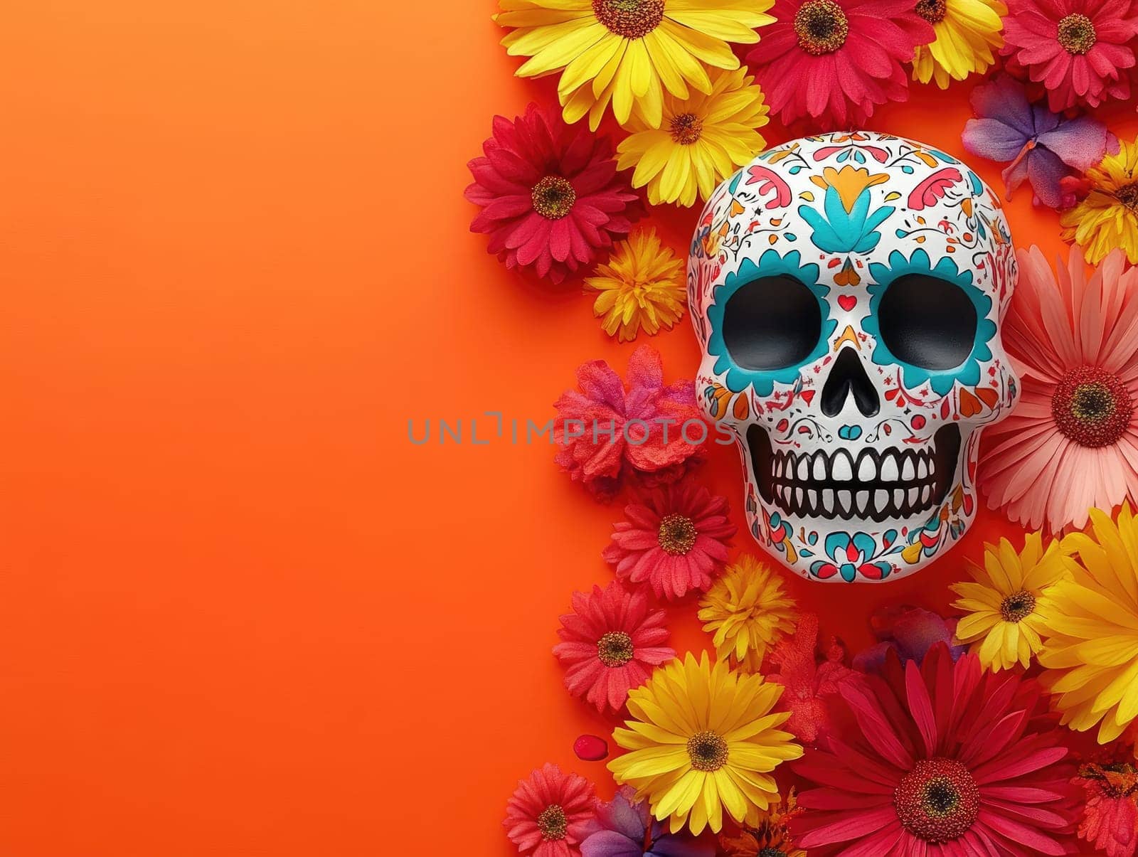 Dia de los muertos celebration background with colorful skull and flowers for creative design.