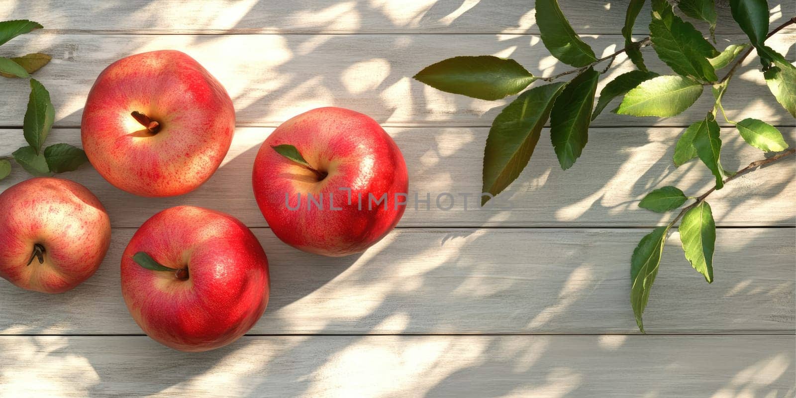 Sukkot harvest celebration background with apples and leaves on wooden surface.