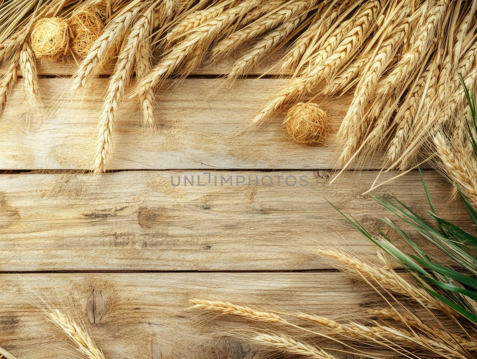 Sukkot celebration background with wheat and rustic wooden surface.