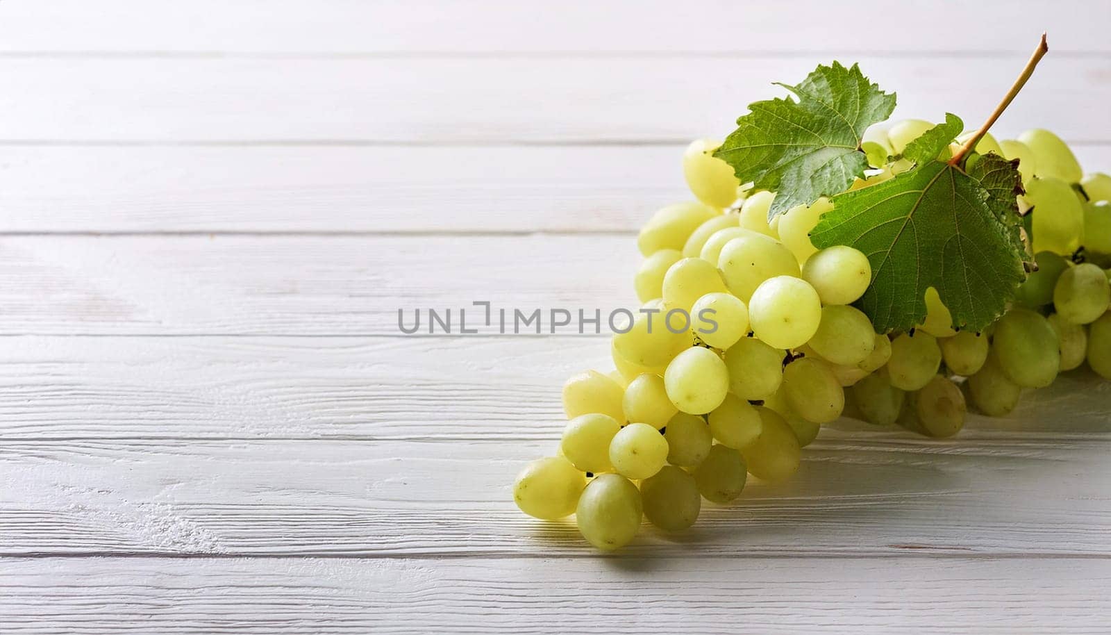 Bunch of Grapes on White Wooden Planks with Blank Empty Space, Copy Space, AI generated image
