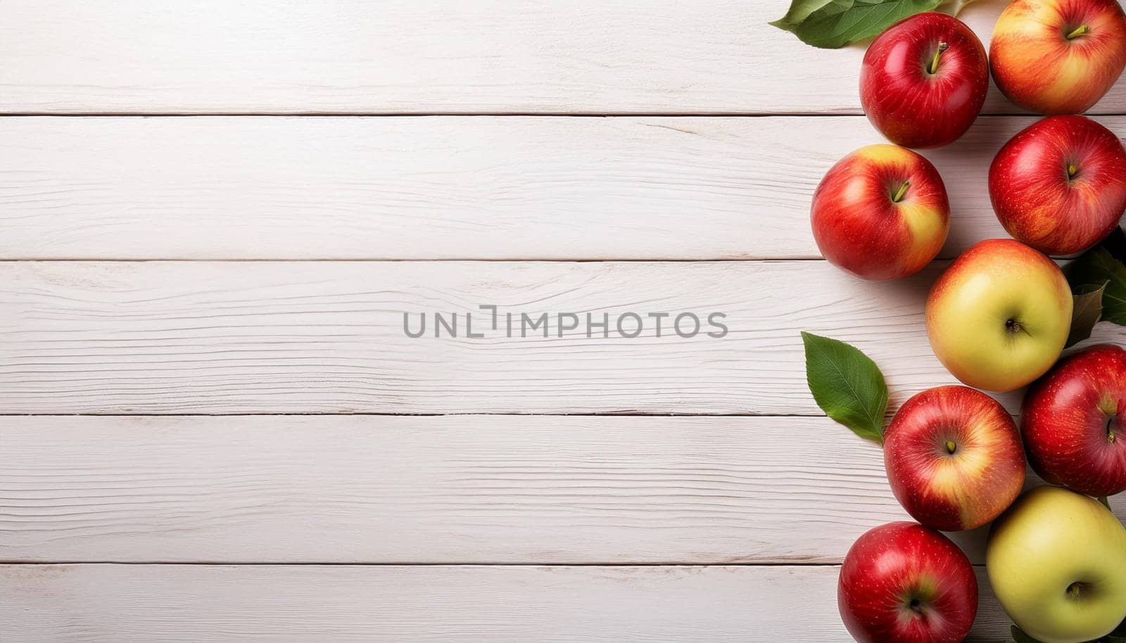 Heap of Apples on White Wooden Planks with Blank Empty Space, Copy Space, AI generated image