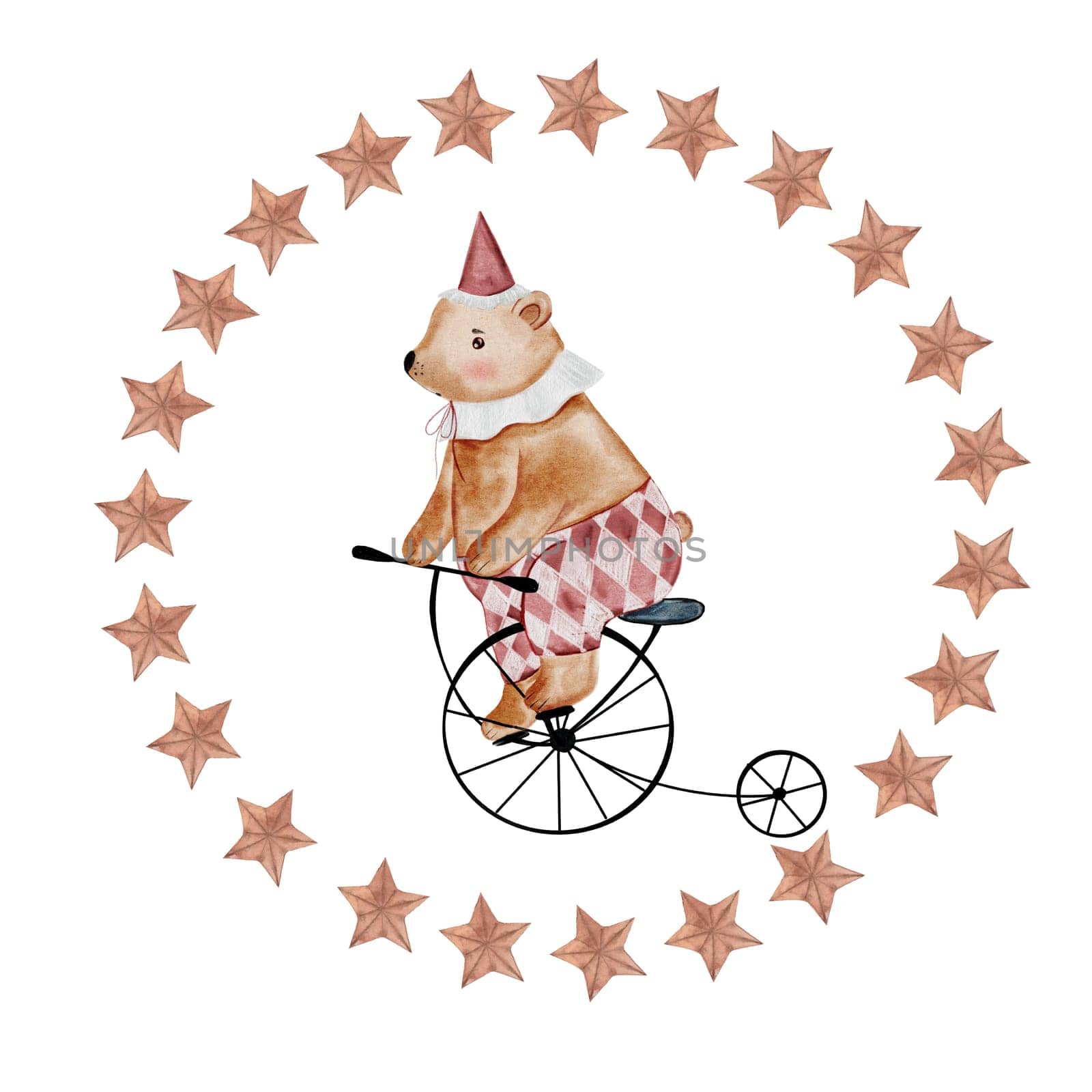 Circus bear watercolor. Cute animal on a bicycle in a round frame of golden stars vintage hand drawing. Baby clip art isolated on white retro background. Ideal for nursery posters, cards and entertainment invitations. High quality photo