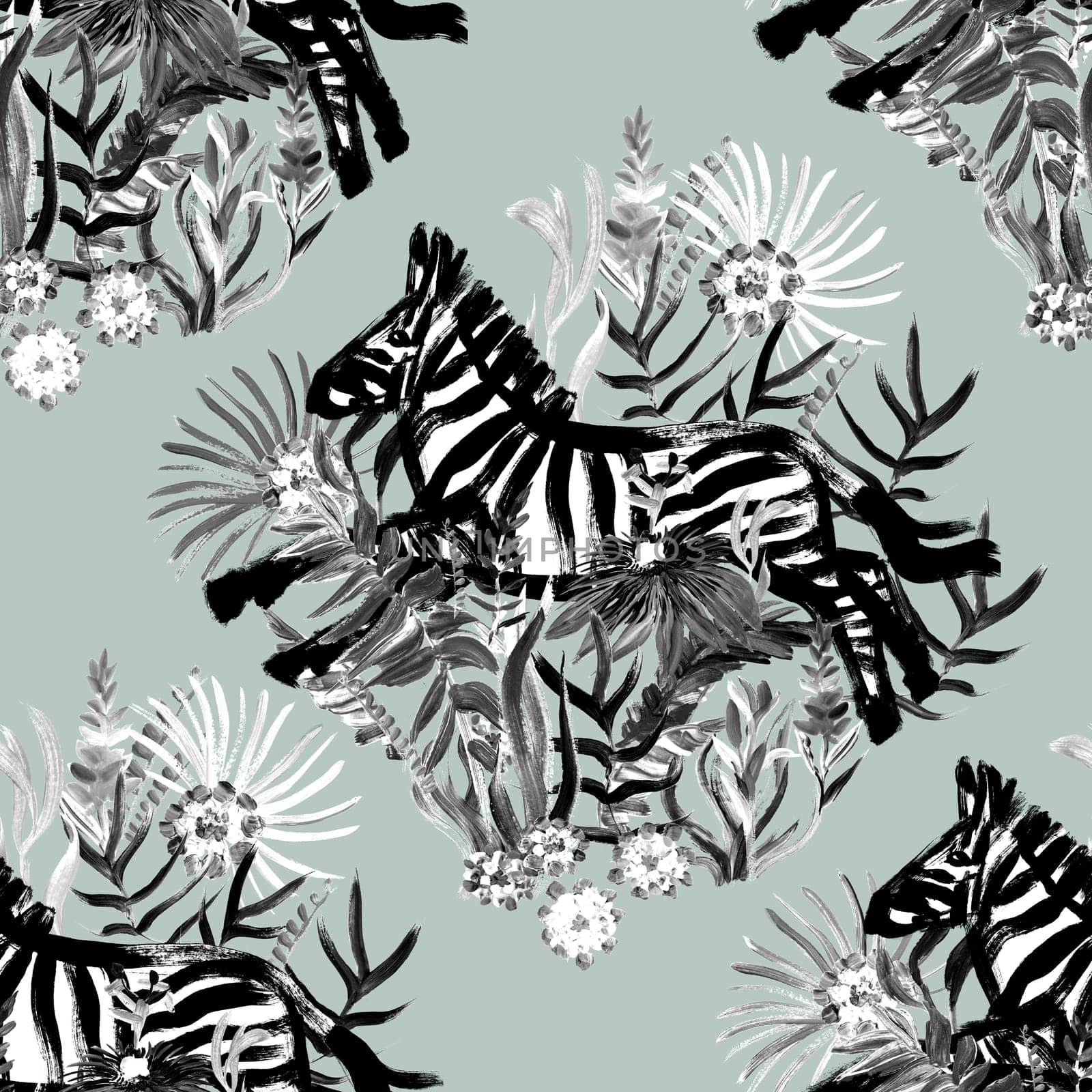 Seamless black and white pattern with running zebras and tropical flowers drawn in a painterly style for summer textiles and design