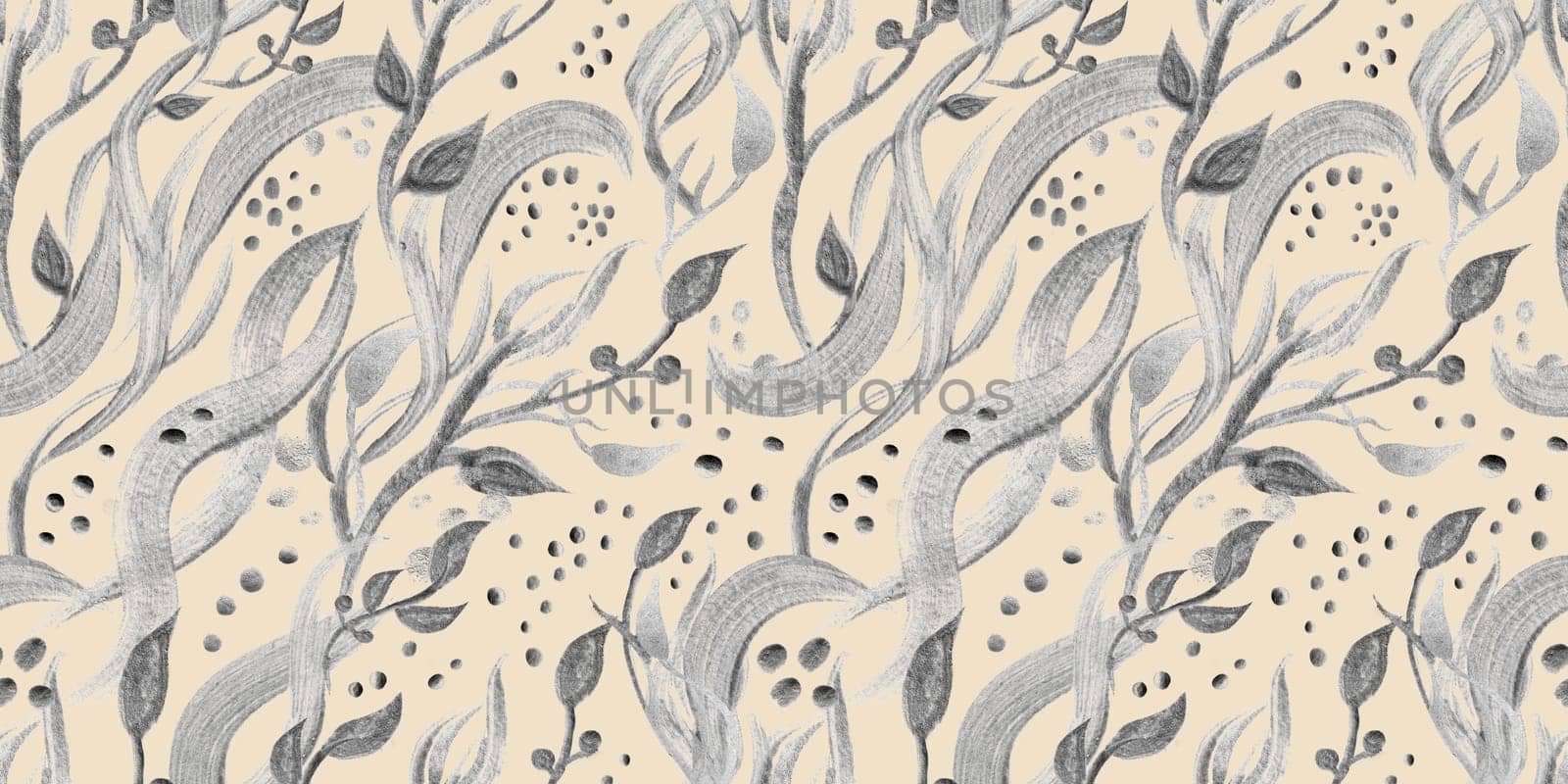 Seamless monochrome watercolor pattern with abstract wildflowers drawn in watercolor