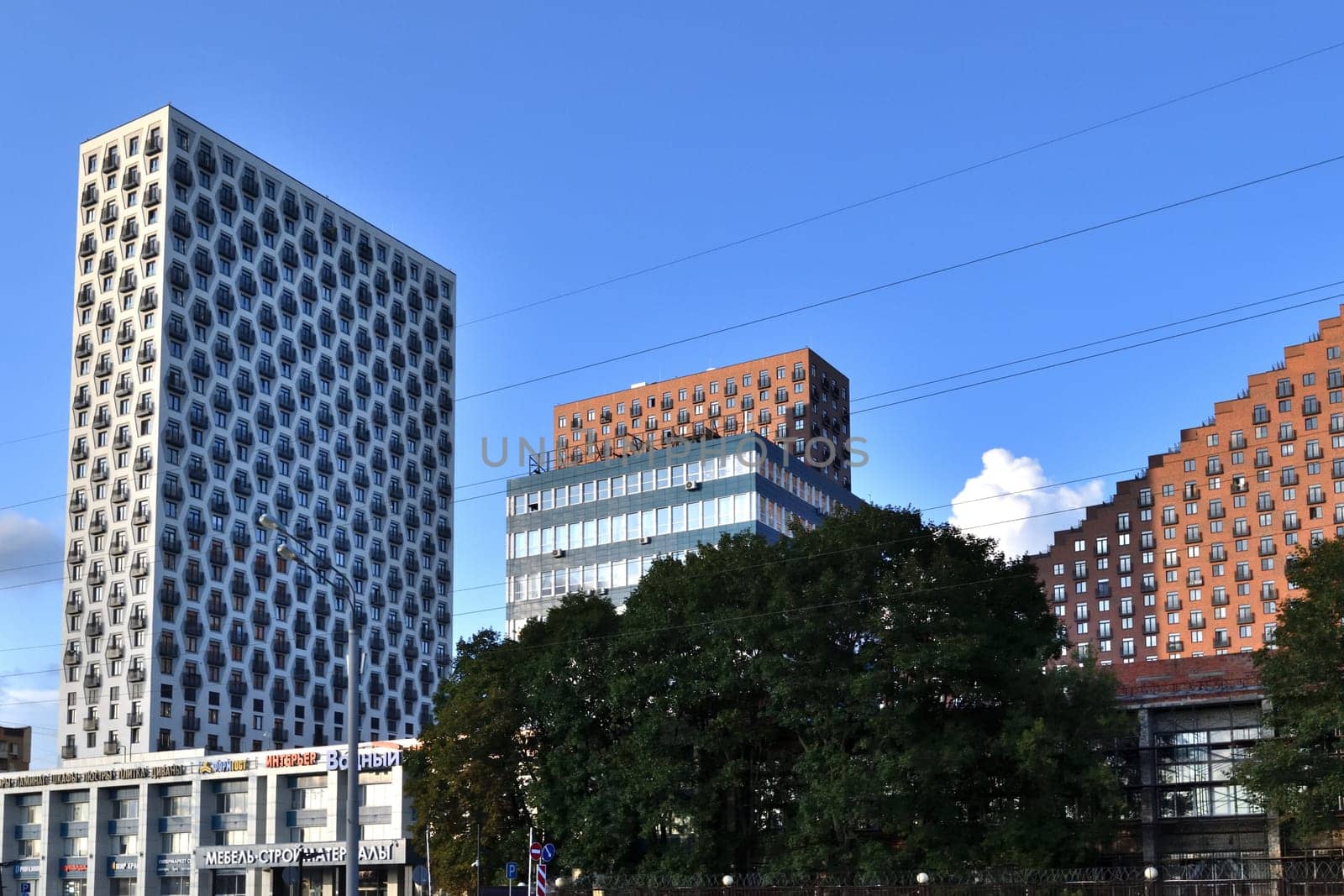 Moscow, Russia - Aug 3. 2024. Cityscape with the Vodnyy interior center, residential buildings