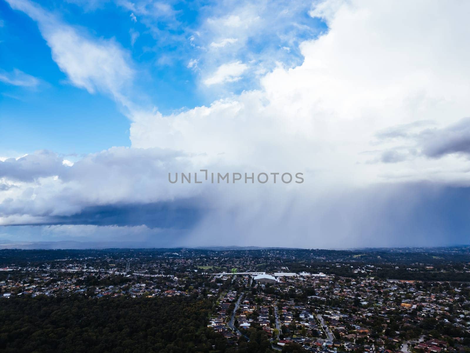A winter's day storm and aerial view over the estate of Springthorpe in Macleod, Melbourne, Australia