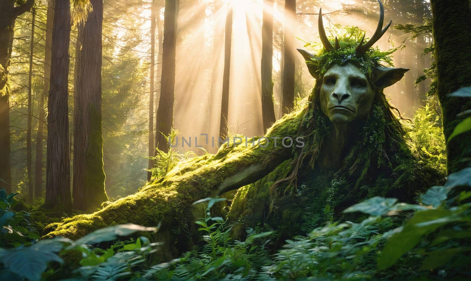 A creature covered in moss and vines rests on the forest floor, sunlight streams through the trees behind it.