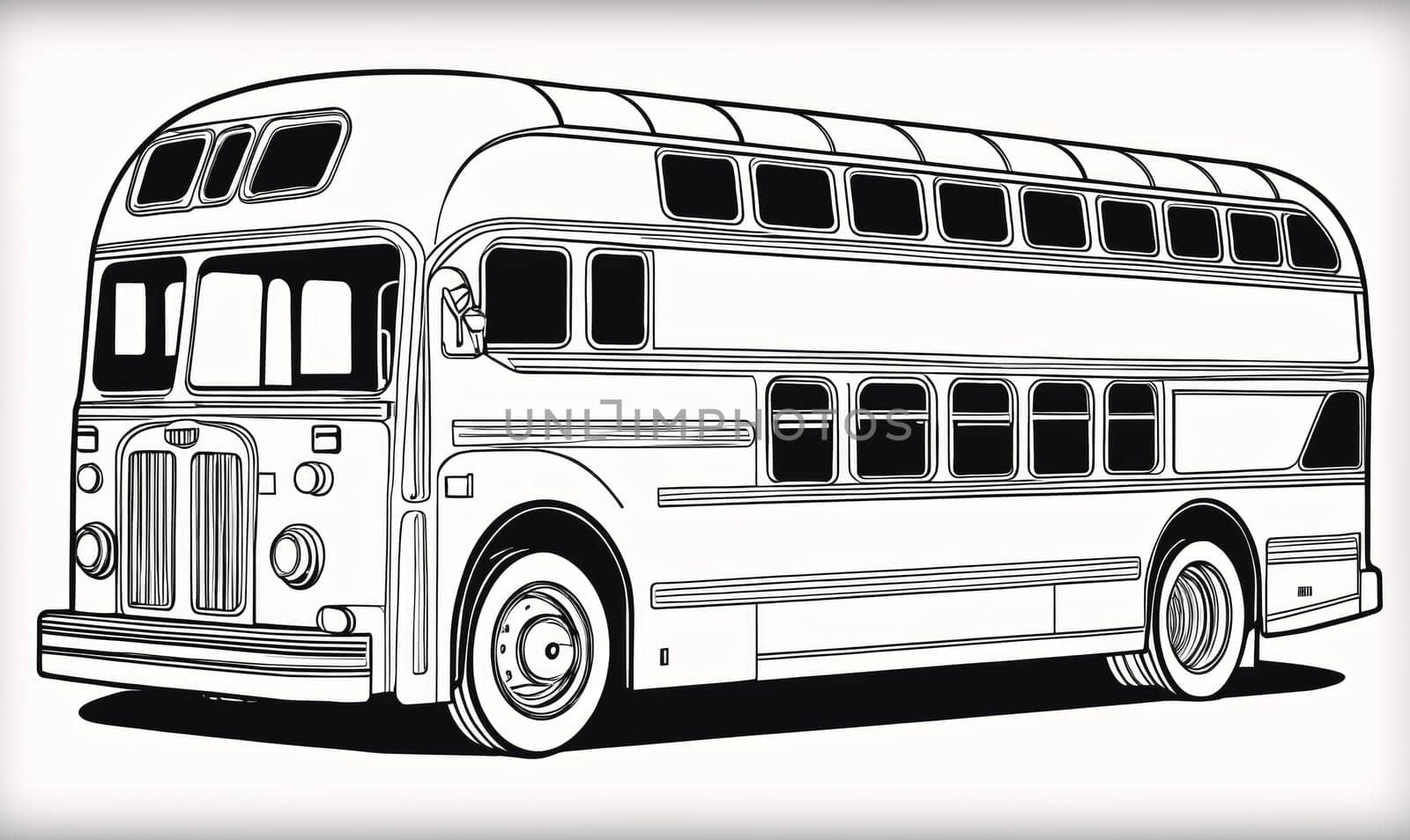 A line drawing of a double-decker bus in black and white. It has a rounded front, large windows, and a single door on the driver's side.