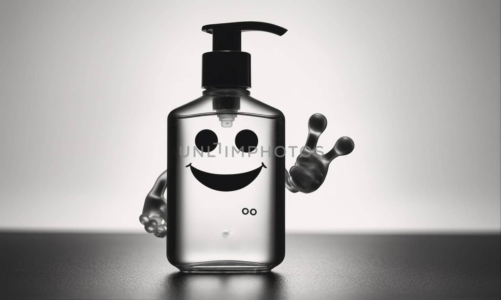 A black and white photo of a clear bottle of hand sanitizer with a black pump, a smiling face drawn on the front, and a hand with two fingers extended up in a wave.