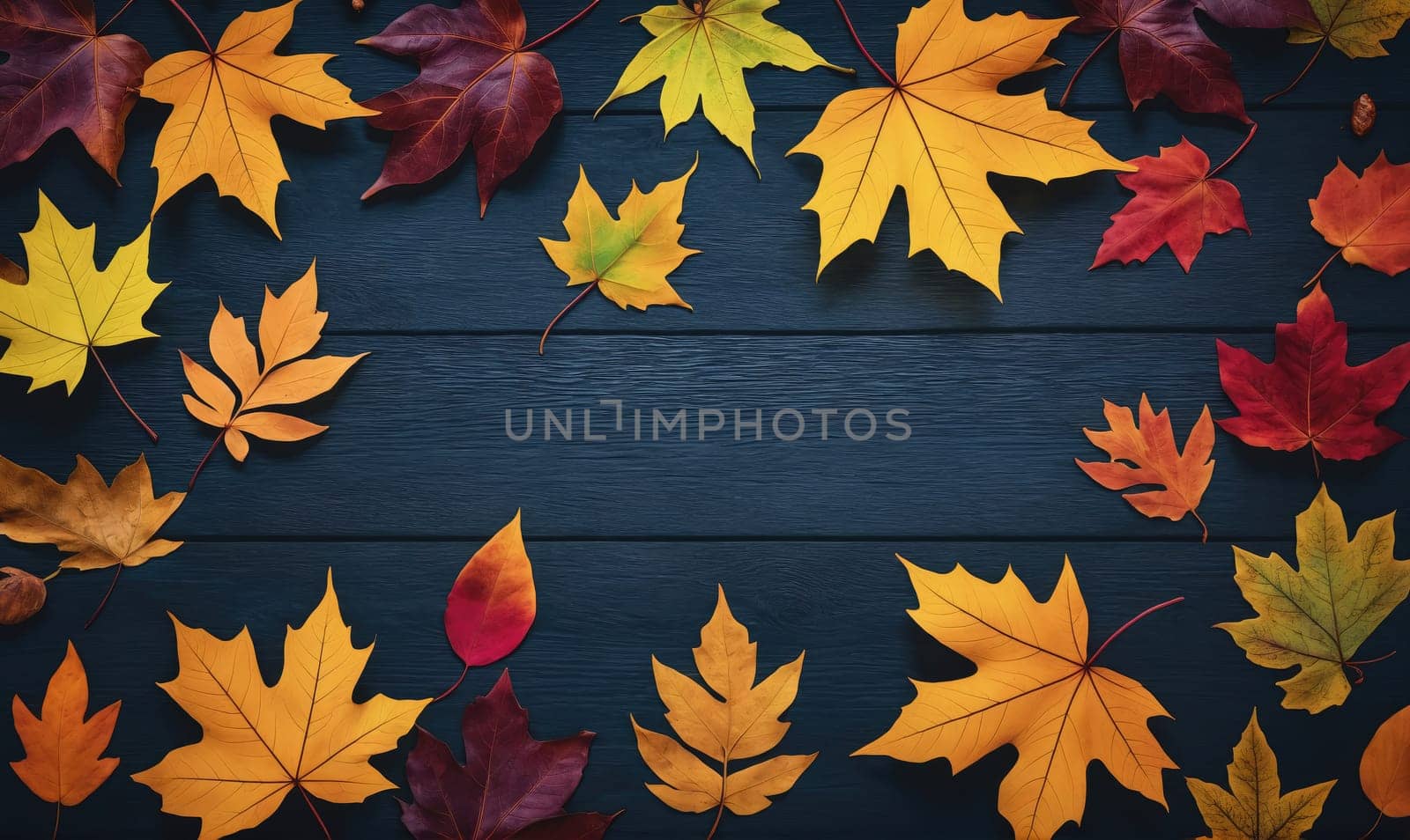 A flat lay of various fall foliage, including red, yellow, and orange leaves, arranged on a dark blue wood surface.