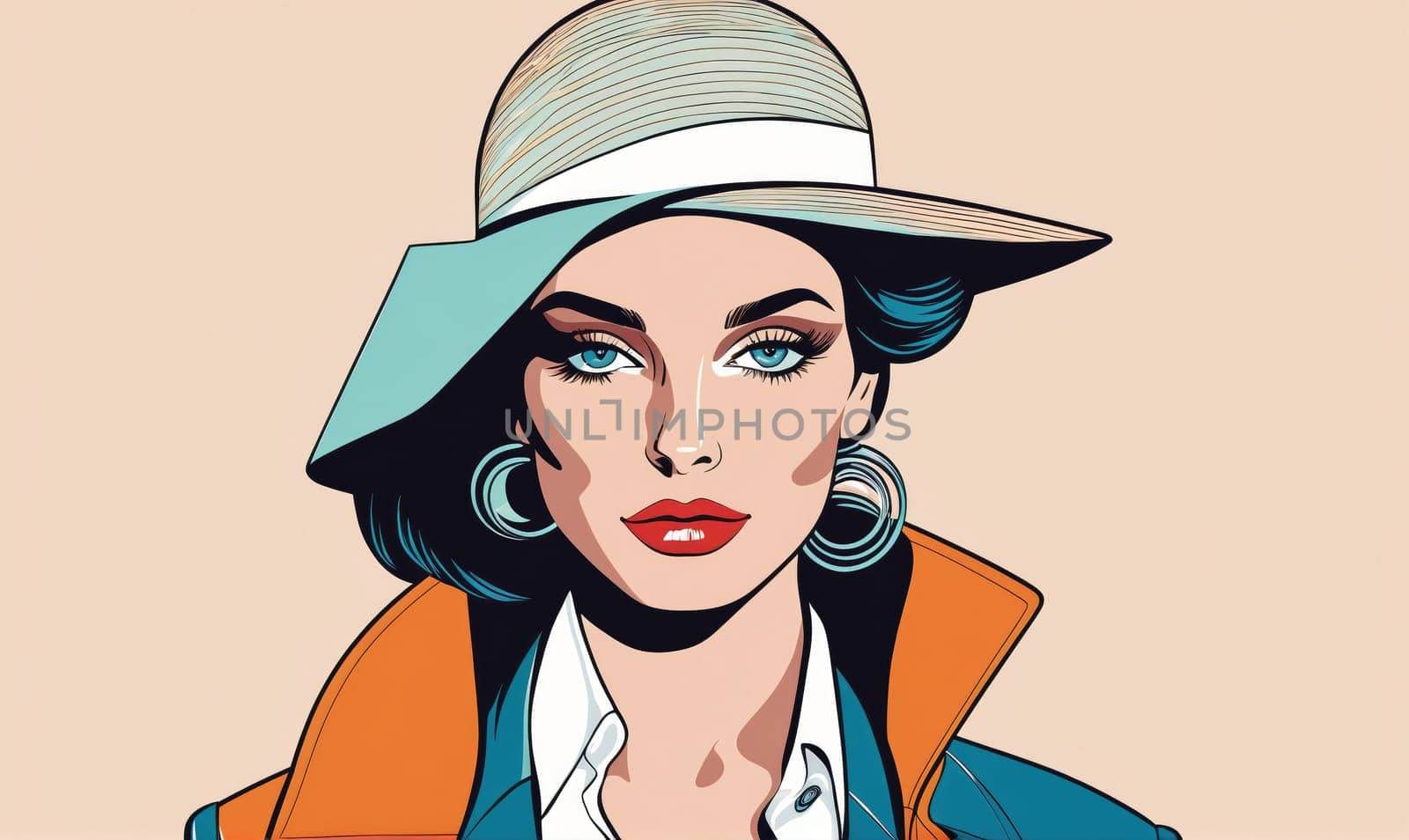 A digital illustration depicts a woman with a wide-brimmed hat, an orange and blue jacket, and large hoop earrings. Her blue eyes are framed by long lashes and dark eyebrows