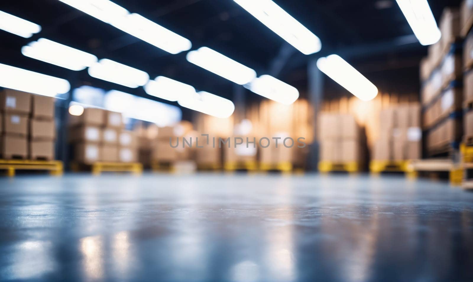 The image shows the floor of a warehouse, which is clean and empty. In the background, there are rows of boxes stacked on shelves. The warehouse is well-lit with fluorescent lights.