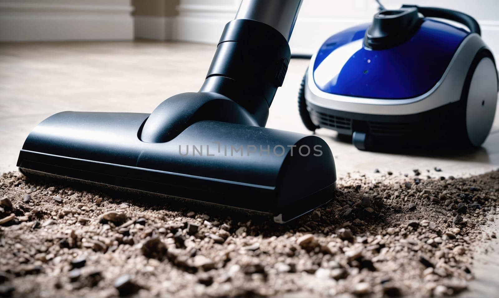 The image shows the nozzle of a vacuum cleaner cleaning up a floor that is covered in dirt. The vacuum cleaner is a blue and silver model with a black nozzle.