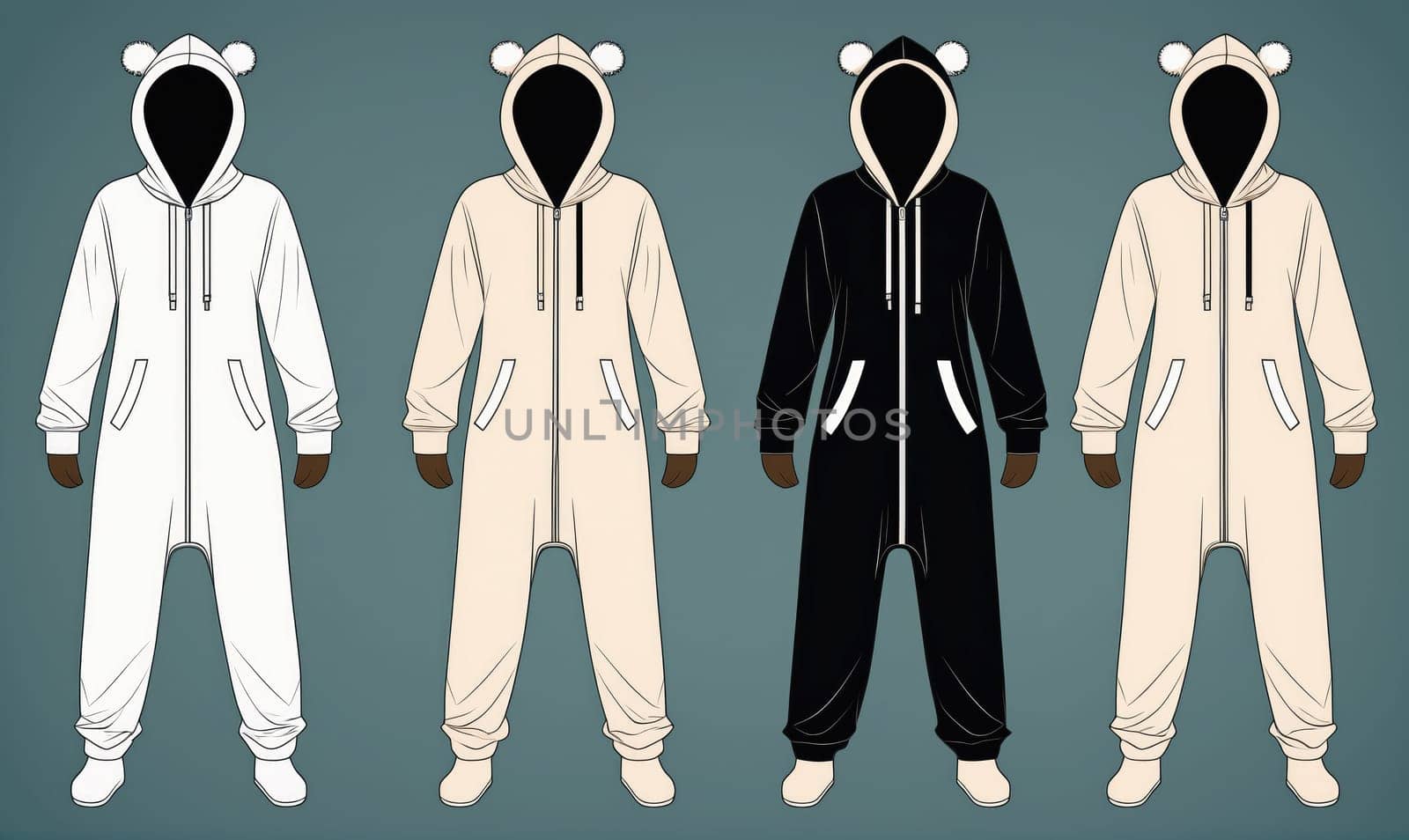 Four one-piece pajamas are illustrated against a gray background. The pajamas have hoods with bear ears and zipper closures. They come in white, cream, and black.