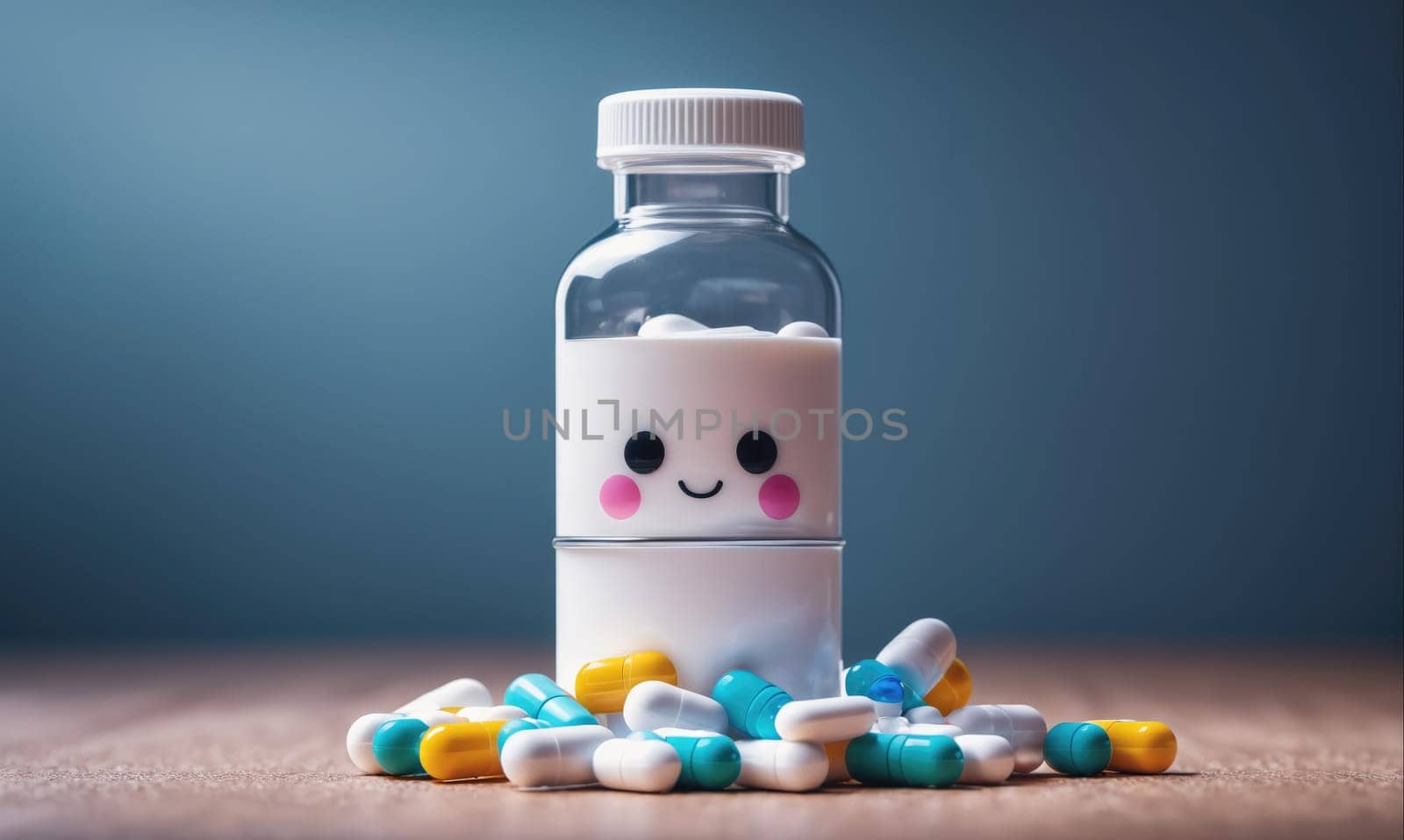 A clear pill bottle with a white lid and a cute smiley face drawn on it sits on a wooden surface