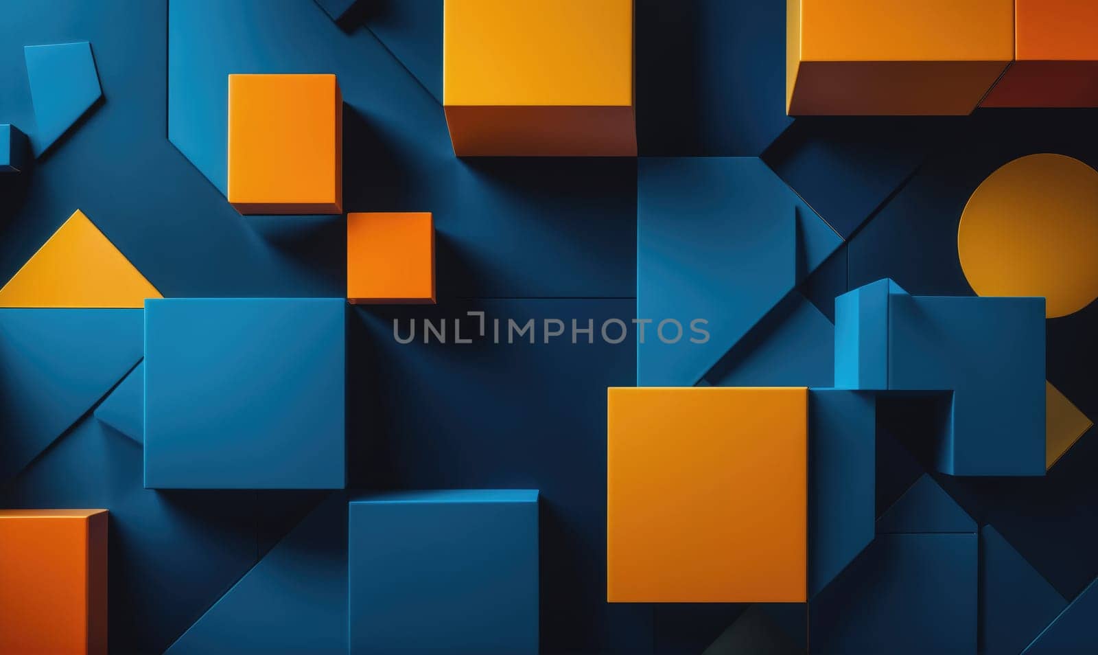 The image shows an abstract design made up of various geometric shapes. The shapes are primarily blue and orange, and they are arranged in a seemingly random pattern.