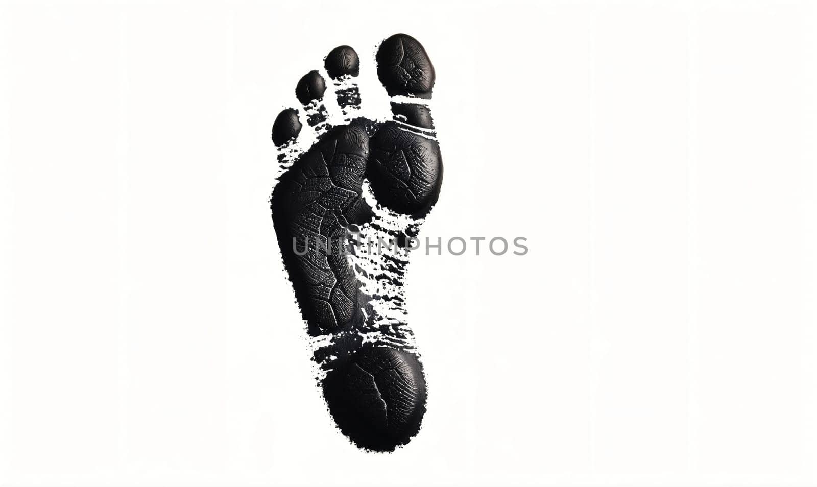 A single, black footprint is shown against a plain, white background. The footprint is of a bare foot, and the toes are visible.