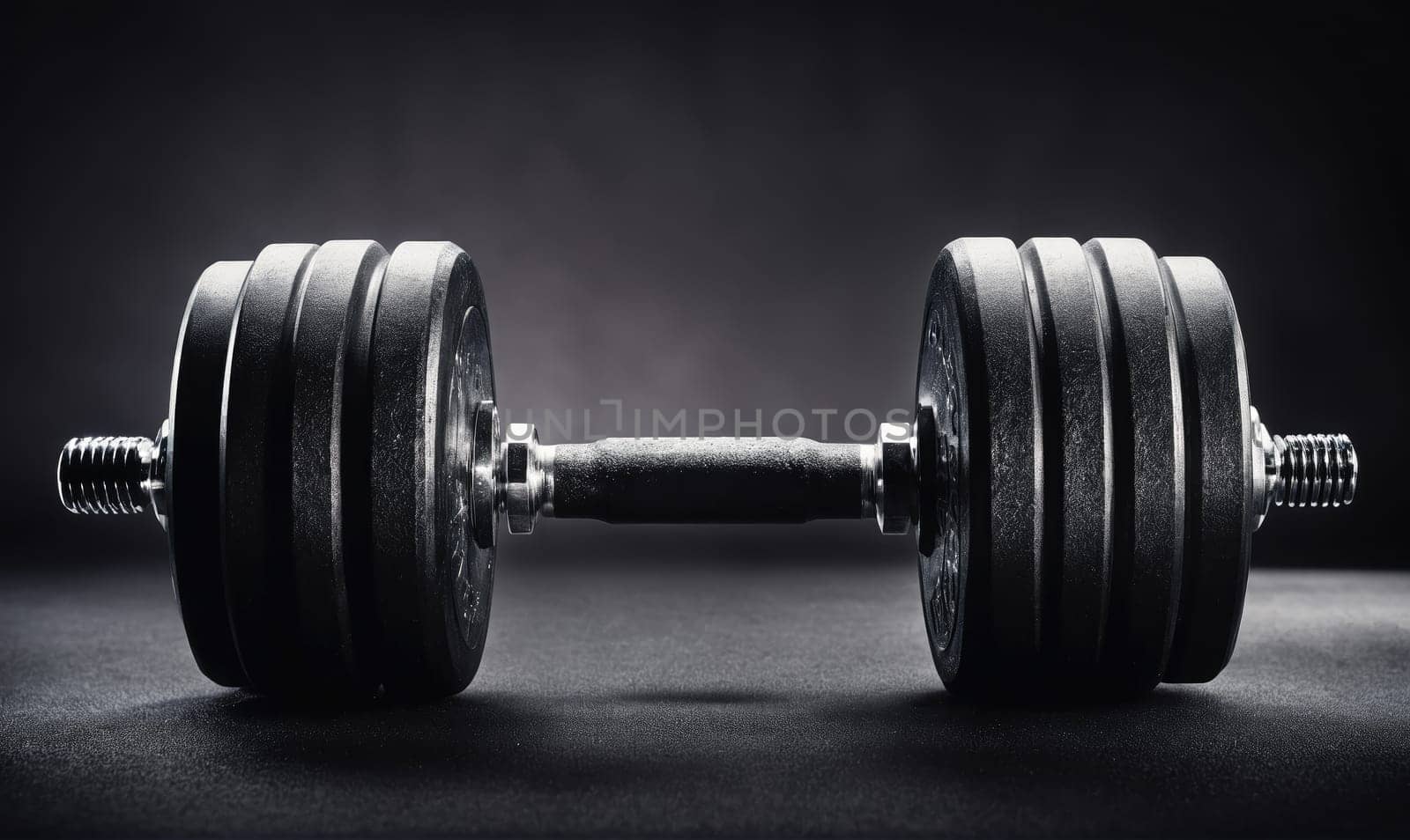 A close-up image of a heavy dumbbell with multiple weight plates on each end. The dumbbell lies on a dark surface, with a dark background.