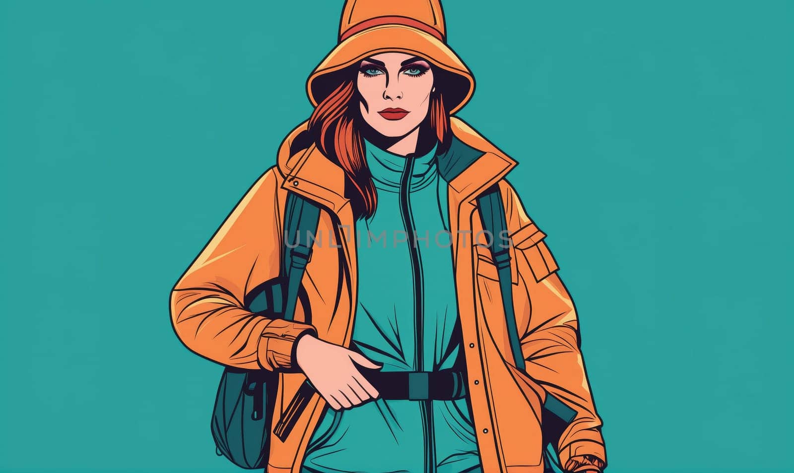 A woman is depicted wearing an orange jacket and hat. She is carrying a black backpack and has her hand on her hip. The background is a solid teal color.
