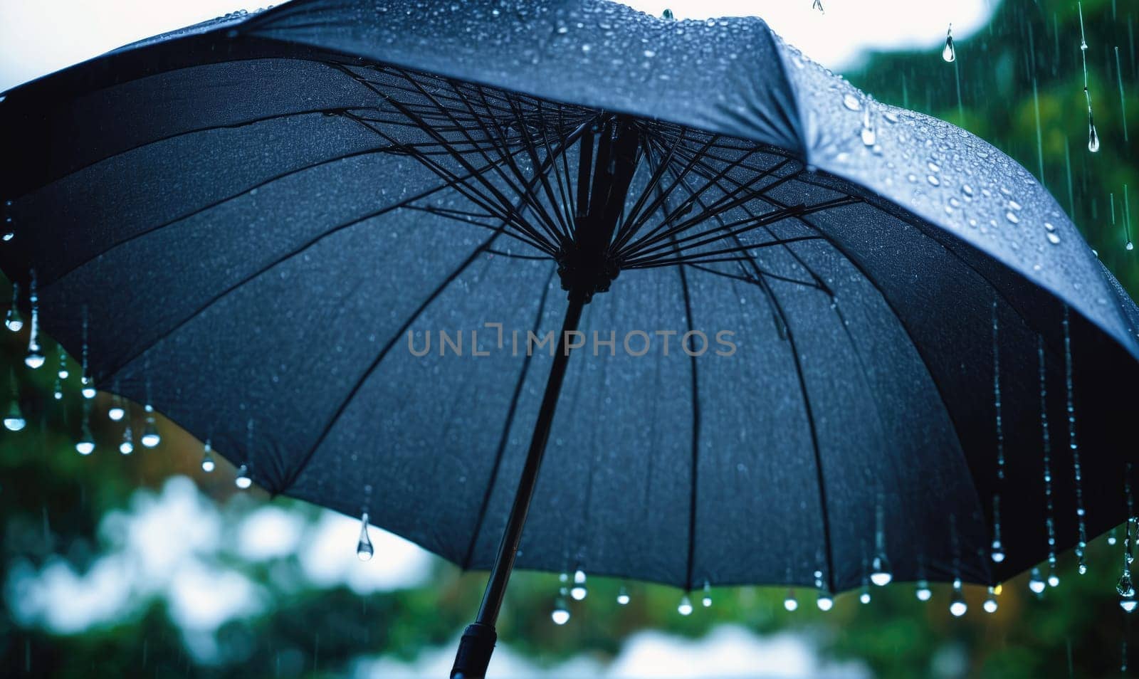 Rain falls on a black umbrella. The umbrella is open, with water dripping from its edges. The background is blurry, showing green foliage.