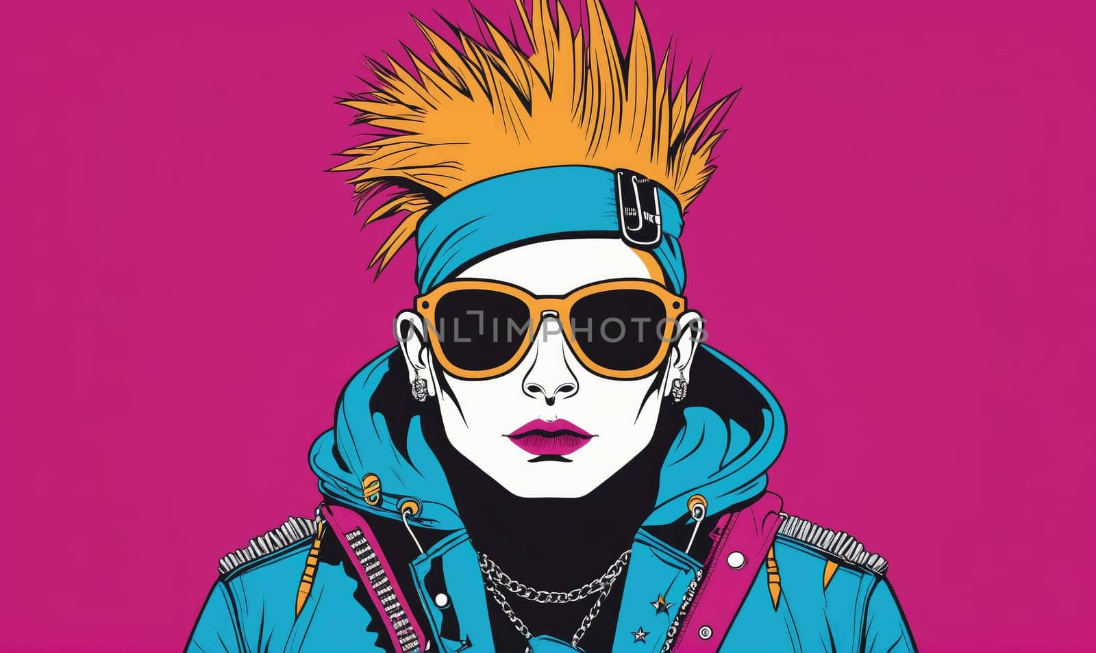 An illustrated person with a punk rock style, including a spiky blonde hairstyle, sunglasses, and a blue leather jacket, is standing in front of a vibrant pink background.