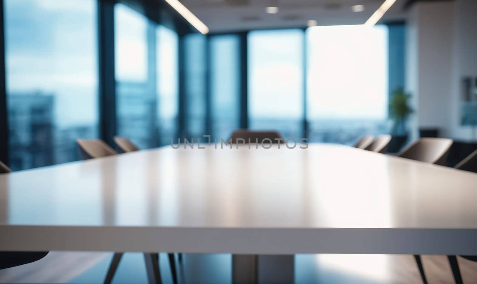 A white conference table sits in the middle of a modern office. The table is empty, and the chairs are out of focus. Large windows behind the table look out onto a city skyline.